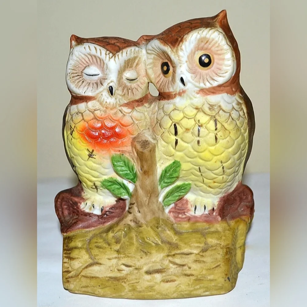 Vtg MCM 7080s bisque lovebird owls cuddling tree branch ceramic boho night light